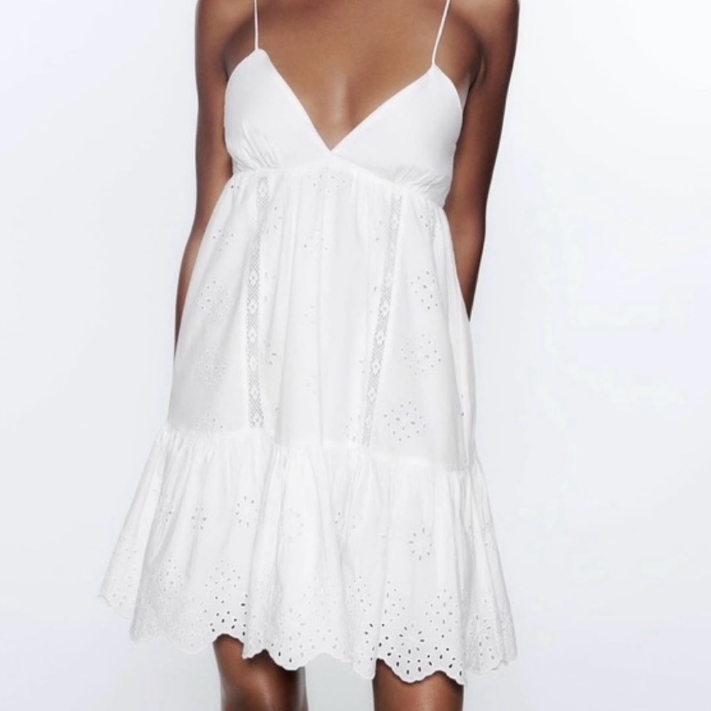 Zara White Eyelet Babydoll Sundress with Spaghetti Straps